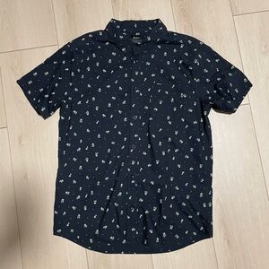RVCA Navy Short Sleeve Button-Down Shirt with Small White Floral Print